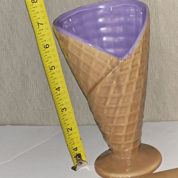 Waffle Cone Ice Cream Bowls with Spoons Pair Marked B&B Ceramic Fancy - Picture 4 of 8
